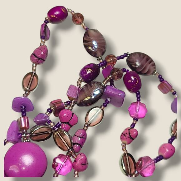 Vintage Bright Purple Stone Art Glass & MOP Shell Bead Necklace 42" - Picture 7 of 11